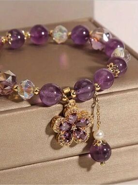 Gold-Tone Purple Crystal Flower Charm Bracelet - Women Jewelry